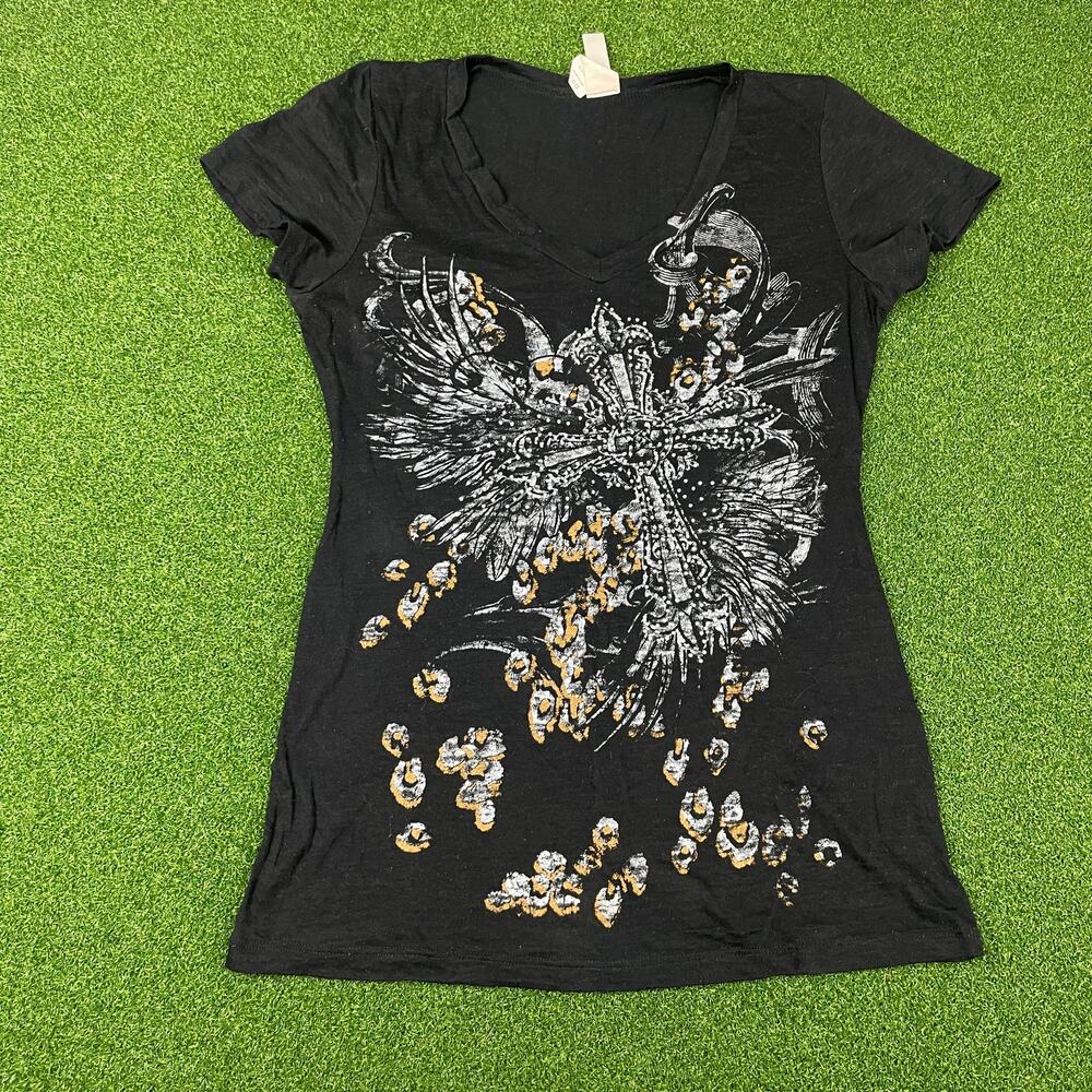 Vintage Y2K Ritual Black Cross Wing Gothic Grunge V Neck T-Shirt Sz XL